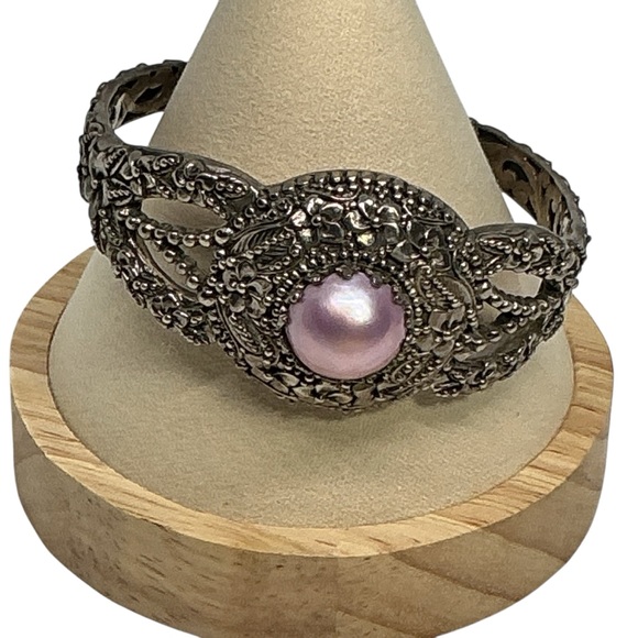 Vintage Balinese Sterling Cuff Bracelet with Lavender Mabe Pearl SARDA .925 - Picture 2 of 11